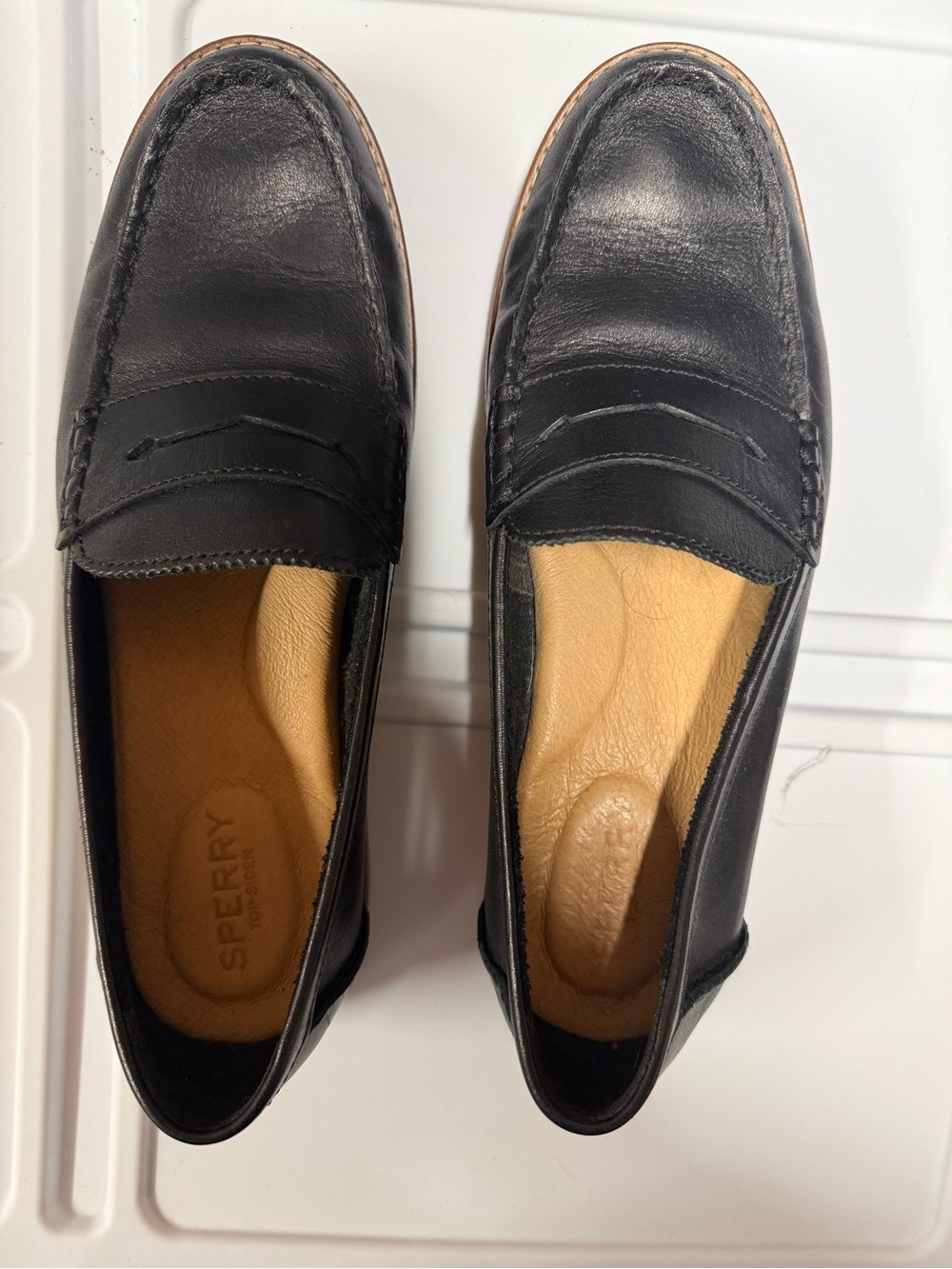 Sperry Women’s Black Leather Boat Shoes with Tan Soles